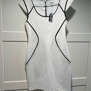 Express cap sleeve white mini dress with black trim in size 4